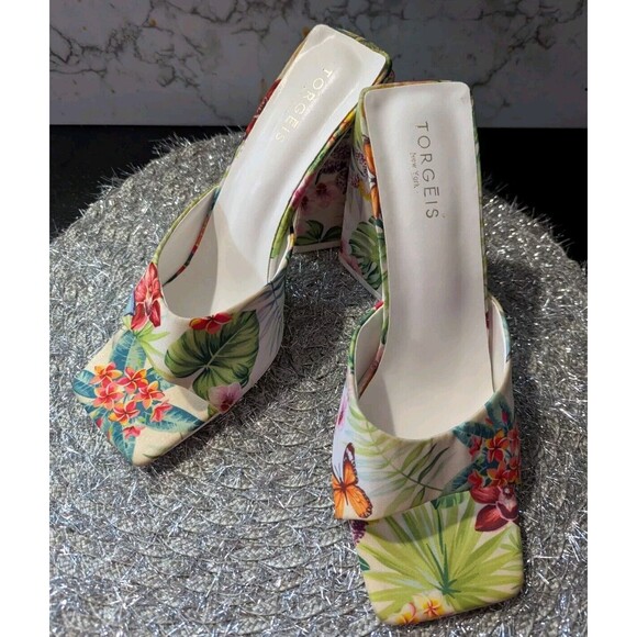 TORGEIS MULES WOMENS PARADISE TROPICAL FLORAL FLARE BUTTERFLY HEELS SZ 10 - Picture 2 of 16